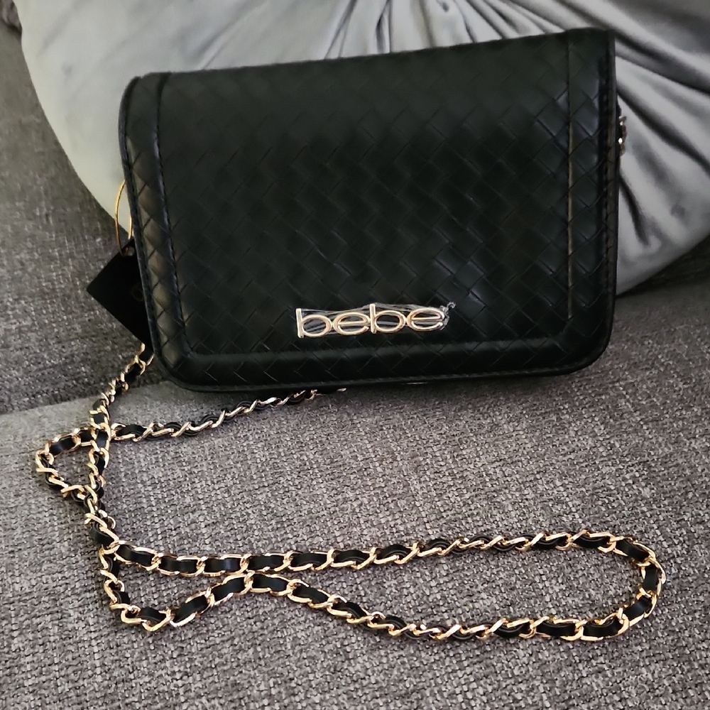 Bebe Black and Gold Quilted Crossbody Bag